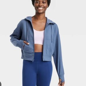 All In Motion Target Ribbed Fleece Cropped Hooded Sweatshirt Navy Blue